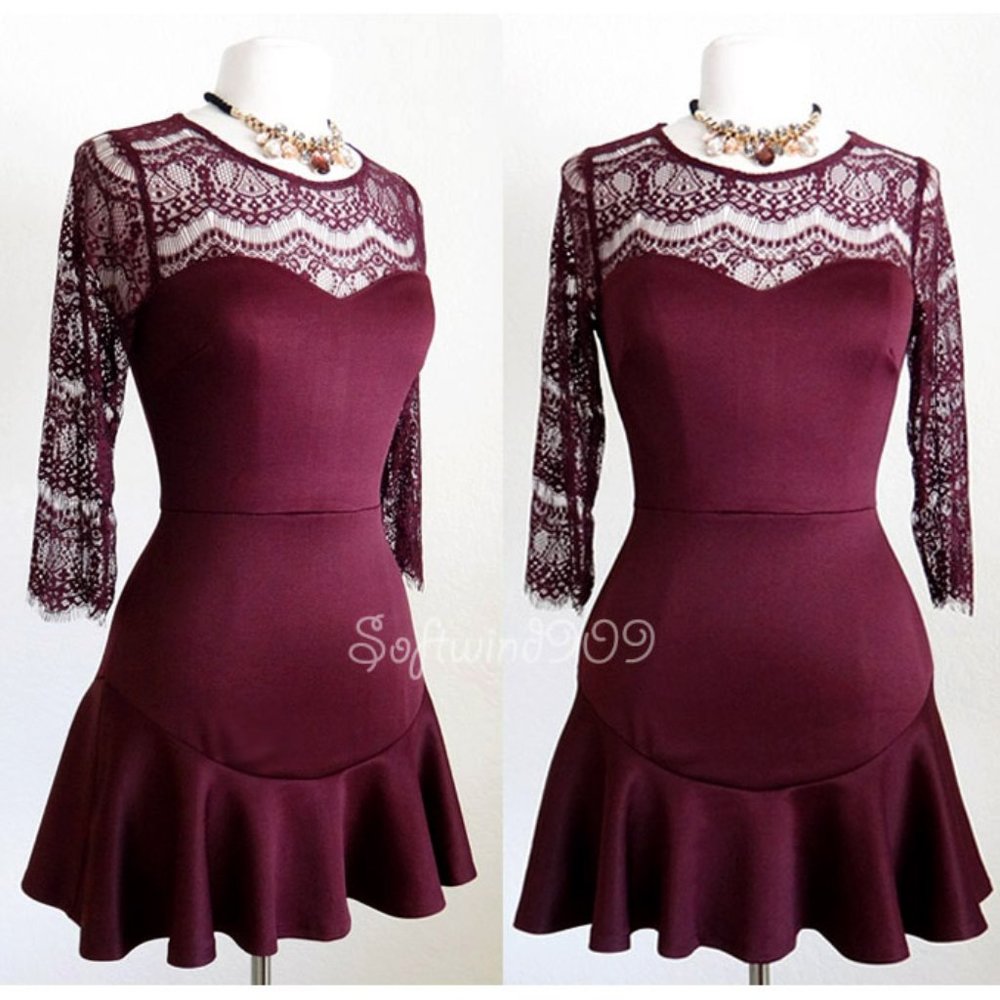 Plum Burgundy Lace Sleeves Stretchy Mermaid Dress